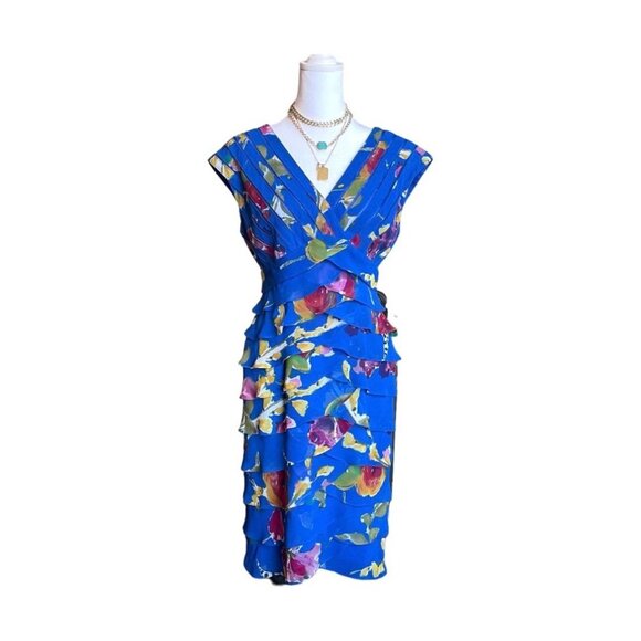 Floral Tiered Blue Sleeveless V-Neck Maxi Dress With Ruffled Layers & Multicolor - Picture 13 of 13